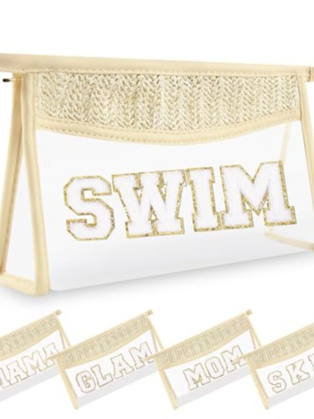 Boho Straw Clear Makeup Bag Chenille Varsity Letter Patch Preppy Toiletry Pouch